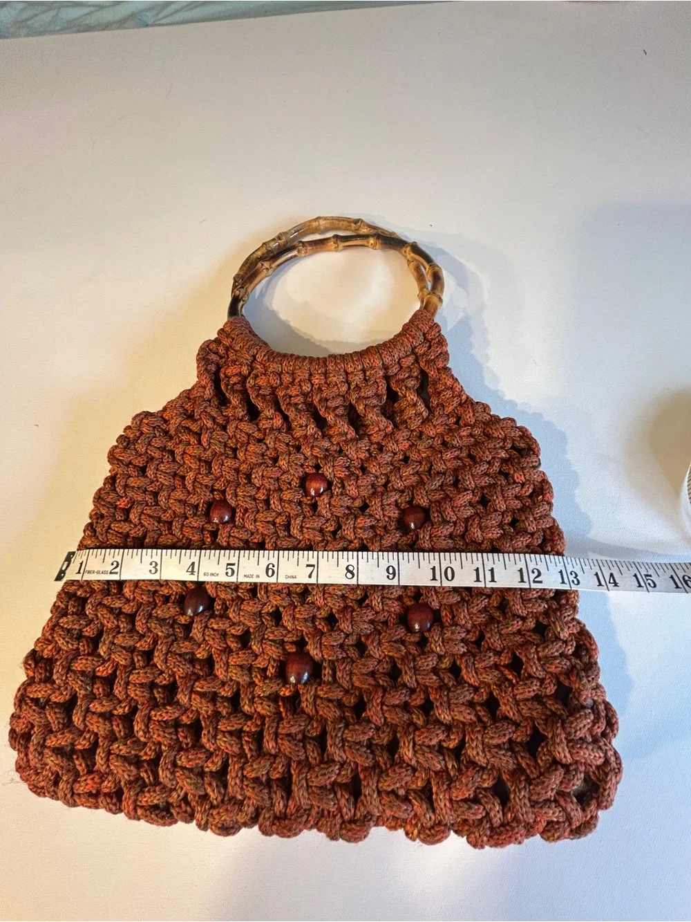 Handmade‎ Crochet Bamboo Handle Handbag Boho Rustic Purse Brown Wood Bead Accent